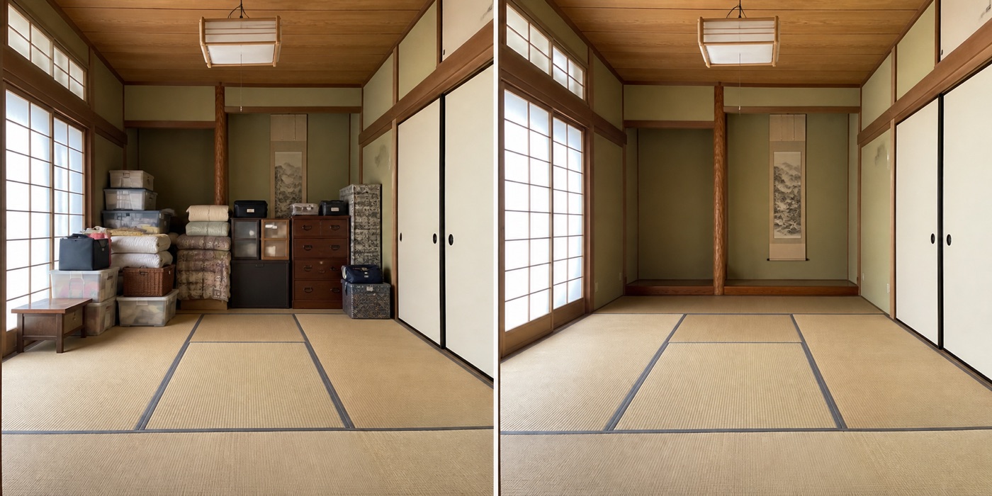 和室片付けのビフォーアフター（AI生成サンプル）